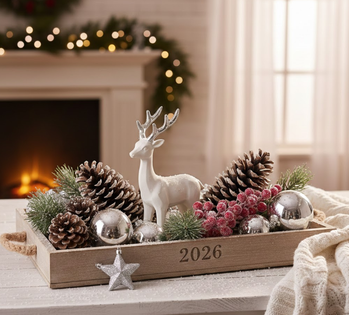 Wooden Tray With Pinecones, Silver Ornaments, and a Deer