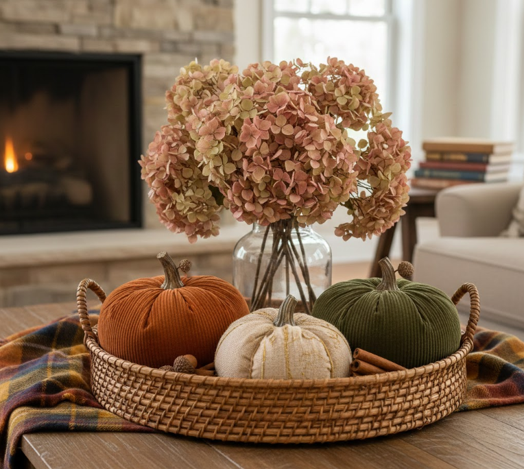 Woven Tray with Hydrangeas and Fabric Pumpkins
