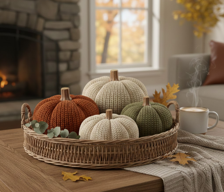 Woven Tray with Knitted Pumpkins