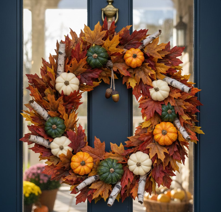 Wreath-Shaped Leaf and Pumpkin